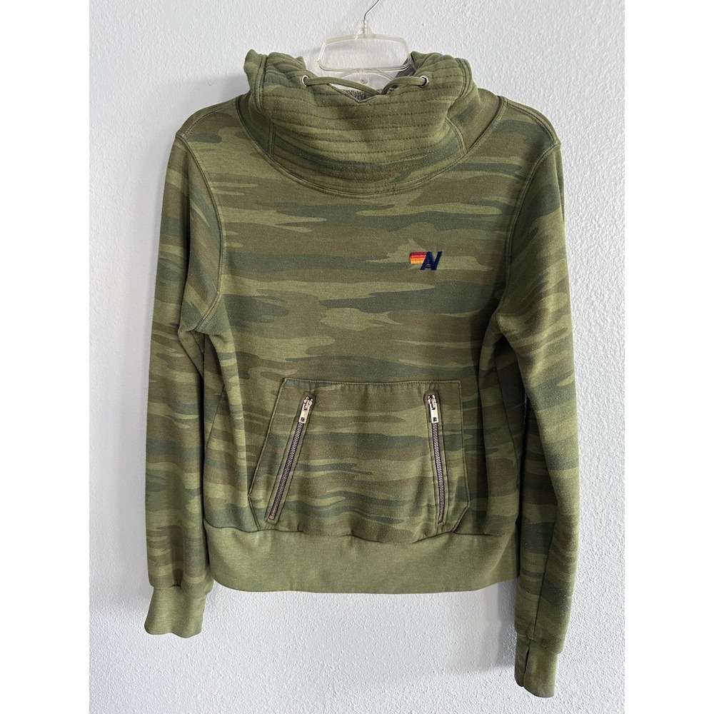 Aviator Nation Camo Hoodie XS Funnel Neck Pullover Logo USA Green